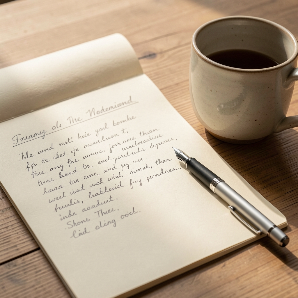Close-up of handwritten field notes on cream paper beside a ceramic mug in morning light, pen resting on the page