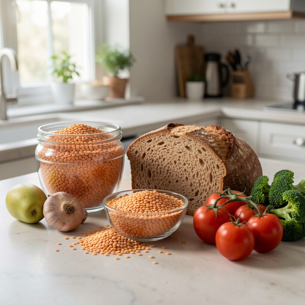 Assorted whole food ingredients including dried lentils, whole grain bread, and fresh vegetables arranged on a kitchen counter in natural light