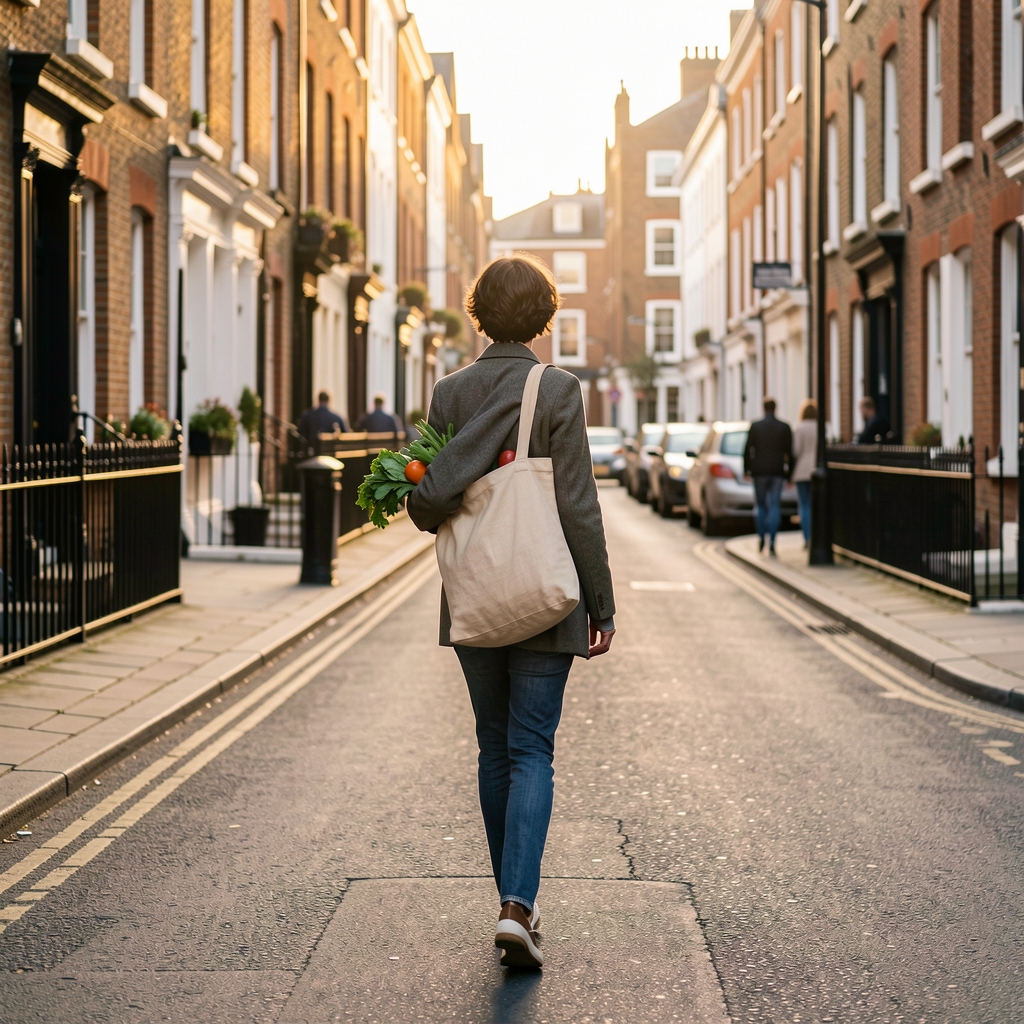 Person walking outdoors on a tree-lined path in autumn light, casual active clothing, relaxed pace