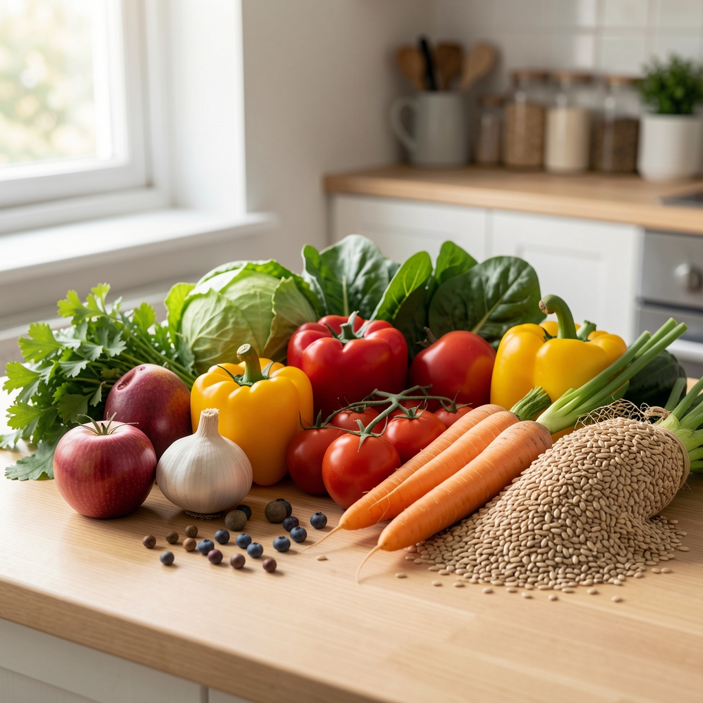 Neatly arranged seasonal vegetables and whole grains on a light wooden kitchen counter, natural daylight from the side